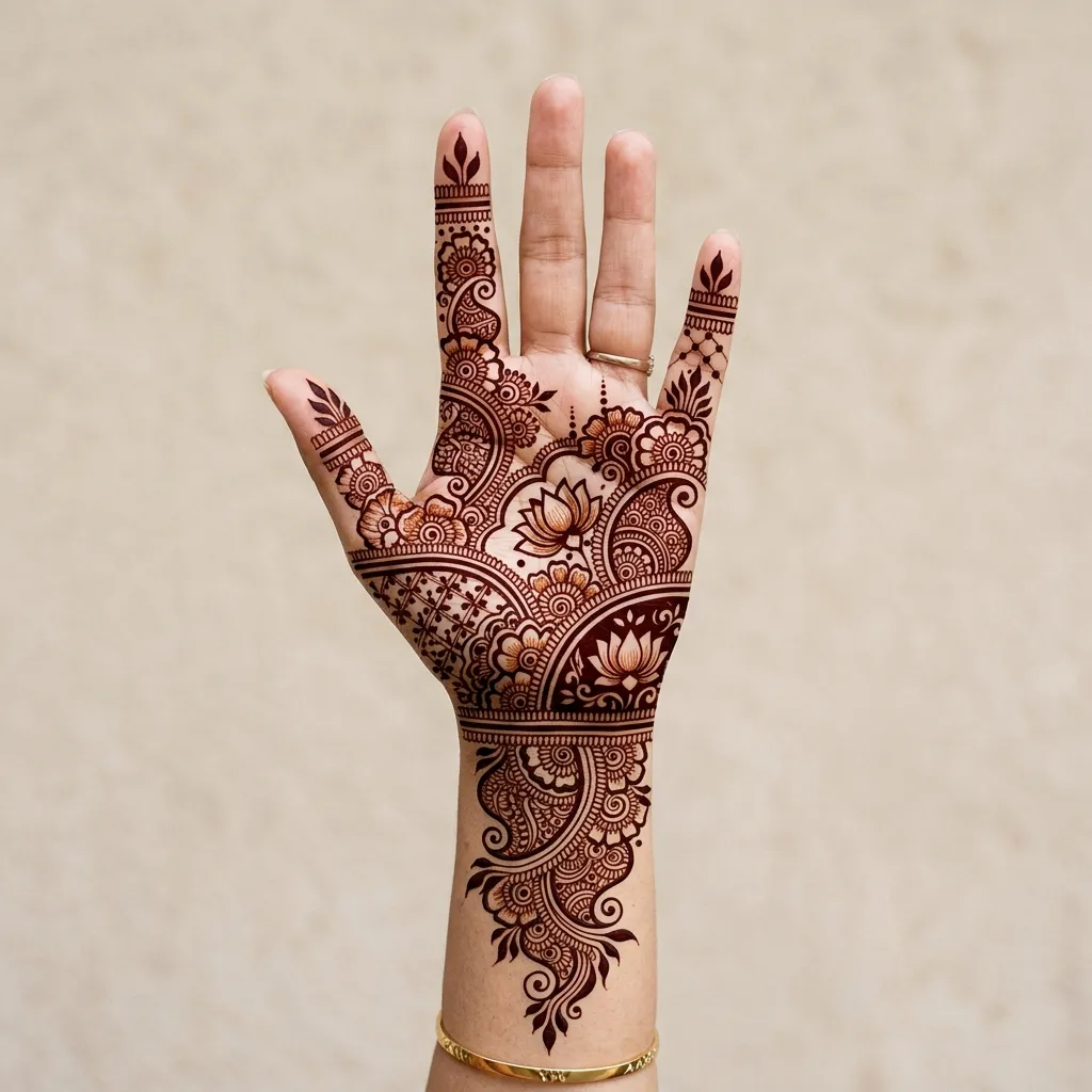 Traditional bridal mehendi with paisley and lotus motifs shown in AR preview